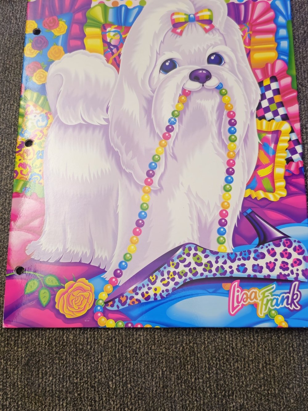 Lisa Frank White Fluffy Puppy Folder - Colorful Bead Design